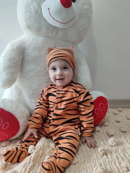 Eterelle 3-6-9-12 Ay Pooh Desenli Zebra Çizgili Şapkalı Sweatli 3lü Kız Erkek Bebek Tulumu(sarı) Sarı - 8