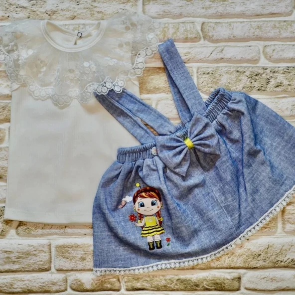 Eterelle 1-2-3 Yaş Bayan Arı Nakışlı Kot Desenli Etek Pamuklu Kumaş 2li Kız Bebek Salopet Takımı Mavi - 2