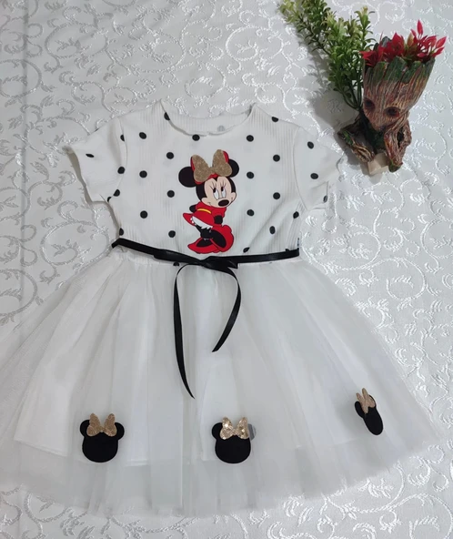 Eterelle 2-3-4 Yaş Puantiyeli Mickey Baskılı Kurdela Kuşaklı Astarlı Kız Bebek Tütü Elbisesi Beyaz - 3