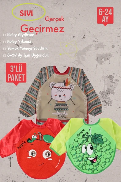 Eterelle Meyve Figürlü Sıvı Geçirmez 3'lü Paket Uzun Kollu Mama Önlüğü