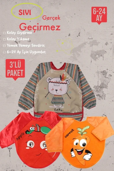 Eterelle Meyve Figürlü Sıvı Geçirmez 3'lü Paket Uzun Kollu Mama Önlüğü