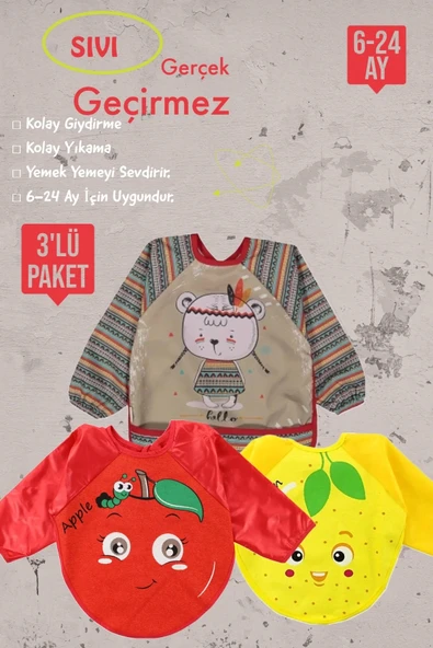 Eterelle Meyve Figürlü Sıvı Geçirmez 3'lü Paket Uzun Kollu Mama Önlüğü