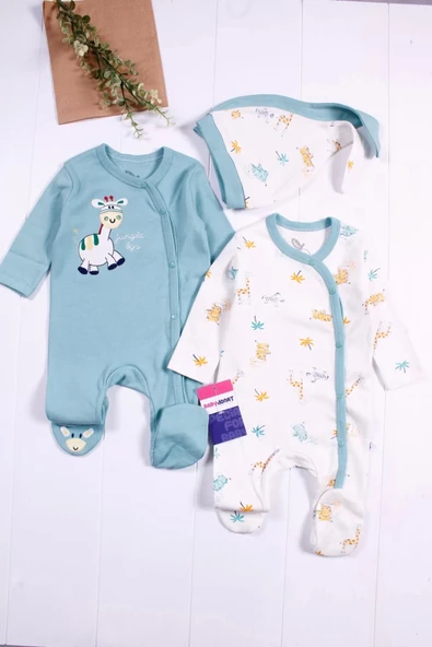 Eterelle Zürafa Nakışlı Erkek Bebek 4'lü Tulum Seti