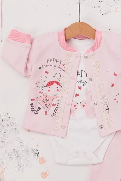 Eterelle Happy Dancing Desenli 3'lü Hırkalı Kız Bebek Takım - 3