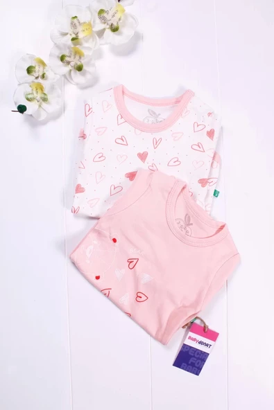 Eterelle Kalp Desenli Uzun Kol 2'li Kız Bebek Body Seti - 3
