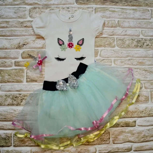 Eterelle 9-12-18 Ay Payetli Pony Nakışlı Tokalı Kısa Kollu Tütü Etek 3lü Kız Bebek Takımı Su Yeşili