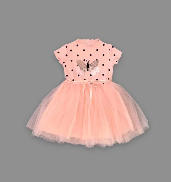 Eterelle 5-6-7 Yaş Payetli Kelebek Desenli Puantiyeli Kız Çocuk Elbisesi Somon - 2