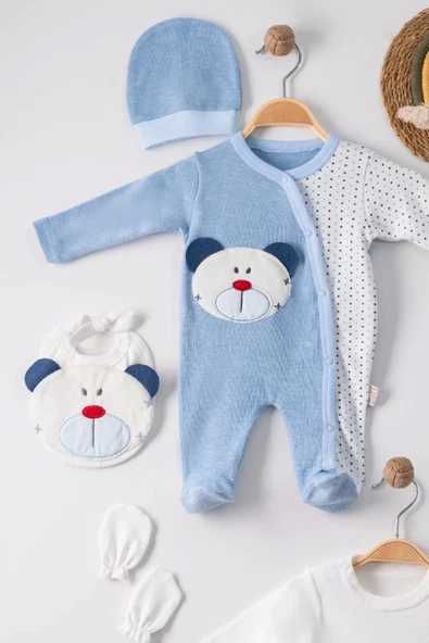 Eterelle Ayıcık Nakışlı Tulumlu % 100 Pamuk Erkek Bebek 5'li Set - 3