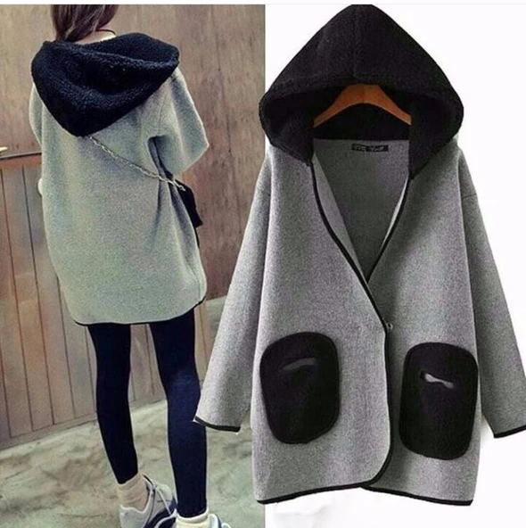 Mevsimlik Kapüşonlu Cepli Kadın Uzun Ceket