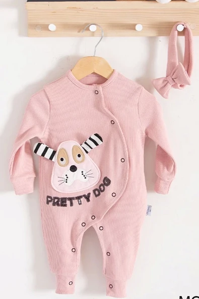 Eterelle Pretty Dog Nakışlı Bandanalı % 100 Pamuk Kız Bebek Tulumu