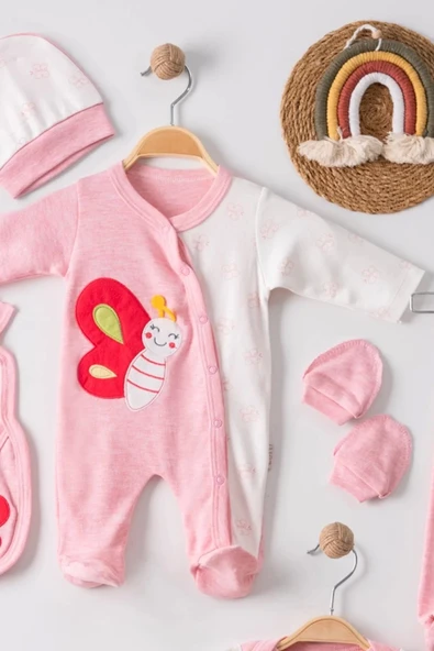 Eterelle Kelebek Nakışlı Tulumlu % 100 Pamuk Kız Bebek 5'li Set - Resim 3