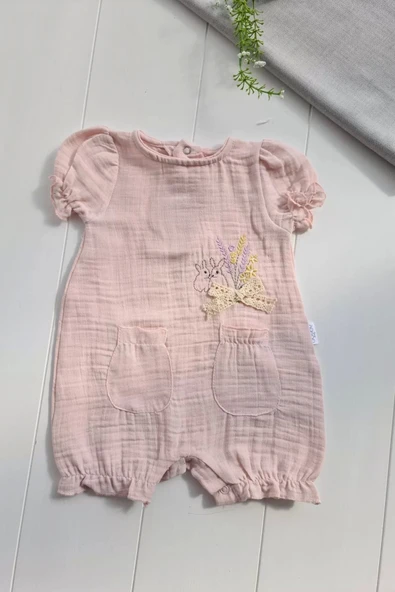 Eterelle Müslin Kumaş Çiçek Nakışlı Pamuklu Kız Bebek Tulum - Resim 2