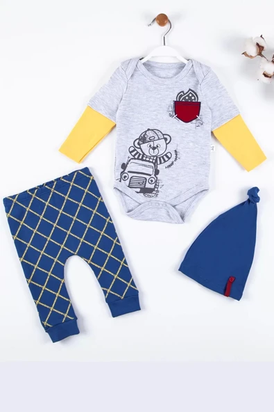 Eterelle Cep Nakışlı Bear Desenli 3'lü % 100 Pamuklu Erkek Takım ürün görseli