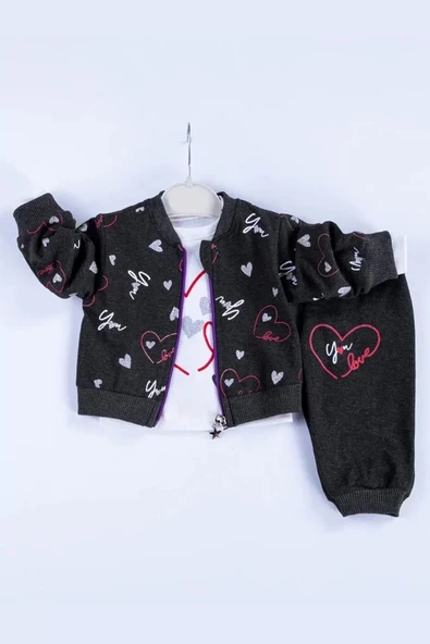Eterelle Kalp Desenli Hırkalı Pamuklu 3'lü Kız Bebek Takımı
