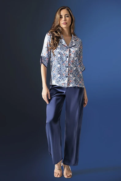 Çiçek Desenli Saten Mavi Pijama Takım