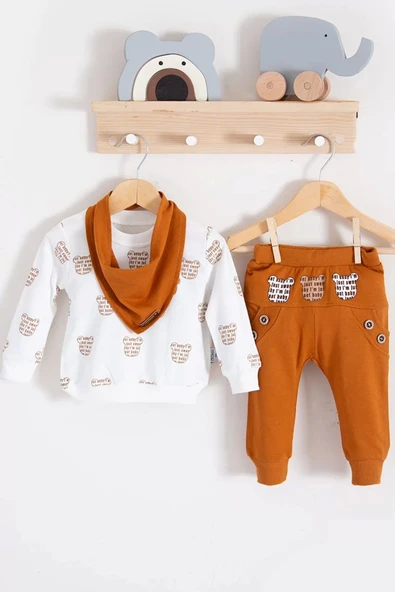 Eterelle Fularlı Baby Desenli 3'lü Erkek Bebek Takım