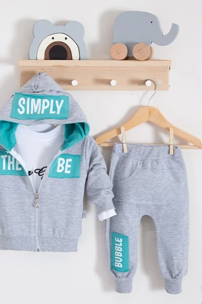 Eterelle Simply Desenli Kapişonlu 3'lü Erkek Bebek Takımı - Resim 3