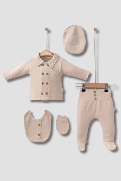 Eterelle Cepli Waffle % 100 Pamuk 5'li Erkek Bebek Hastane Çıkış Seti