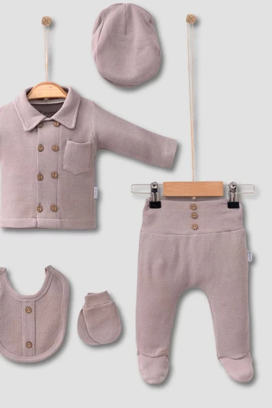 Eterelle Cepli Waffle % 100 Pamuk 5'li Erkek Bebek Hastane Çıkış Seti - Resim 3