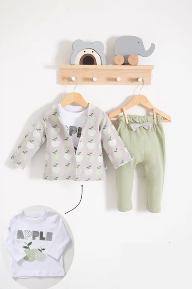 Eterelle Elma Desenli Ceketli 3'lü Kız Bebek Takımı