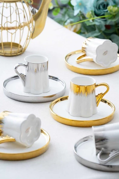 Acar HXF-05924 Aurora Karışık 6lı Kahve Fincan Takımı Gold-Gümüş