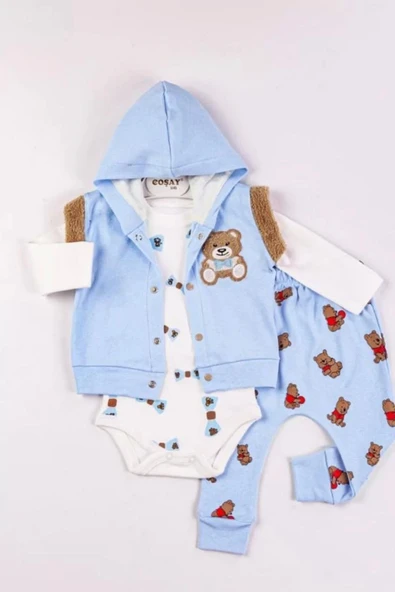 Eterelle Bear Nakışlı Yelekli 3'lü Erkek Bebek Takımı ürün görseli