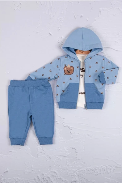 Eterelle Persona Bear Nakışlı % 100 Pamuk 3'li Erkek Bebek Takım