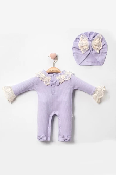 Eterelle Dantel Yaka Detaylı Şapkalı 2'li Kız Bebek Tulum - 2