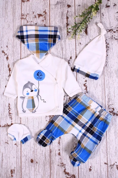 Eterelle Ekoseli Penguen Desenli Fularlı 5'li Erkek Hastane Çıkışı - 4