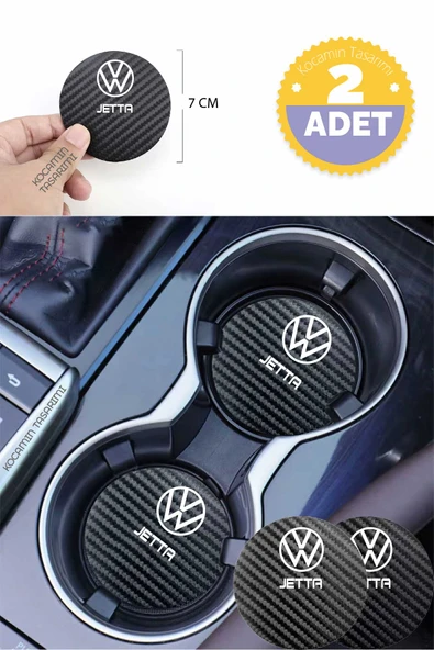Volkswagen Jetta Yazılı Siyah Karbon Araç Bardak Altlığı Volkswagen Logolu Jetta İçin Şık ve Spor 7 cm Tasarım 2 Adet
