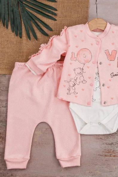 Eterelle Love Tavşan Desenli Kol Detaylı 3'lü Hırkalı Kız Bebek Takım - 3
