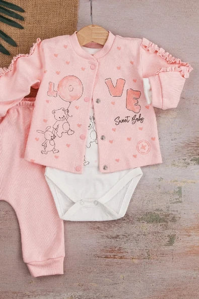 Eterelle Love Tavşan Desenli Kol Detaylı 3'lü Hırkalı Kız Bebek Takım - 2