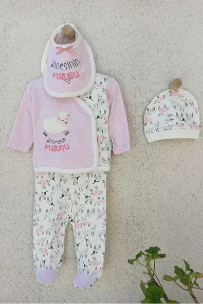 Eterelle Annesinin Kuzusu Şapkalı Eldivenli 5'li Kız Zıbın Seti 0-3 Ay - 4