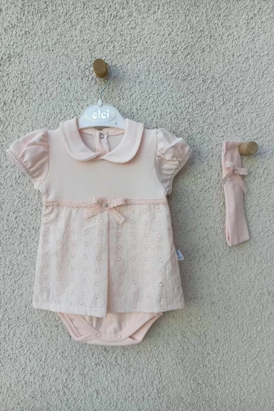 Eterelle Bebek Yakalı Çiçek Işlemeli Bandanalı Badi 3-6-9 Ay