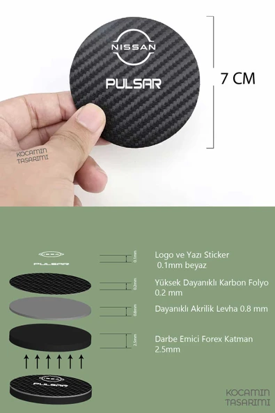 Nissan Pulsar Karbon Bardak Altlığı Nissan Pulsar Yazılı Spor ve Şık 2 Adet 7 cm Tasarım - 2