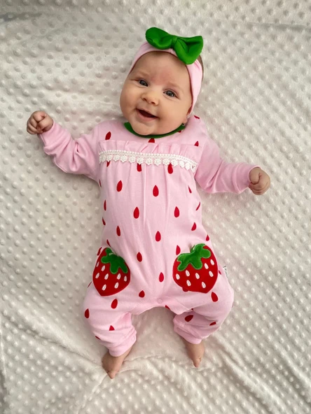 Eterelle Çilek Nakışlı % 100 Pamuk Kız Bebek Tulumu
