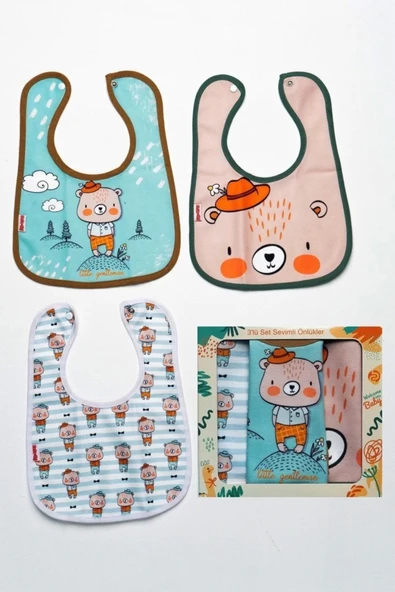 Eterelle Bear Temalı Kare 3 Parça Microfiber Mama Önlüğü Kendi Kutusunda (su Geçirmez) Çıtçıtlı