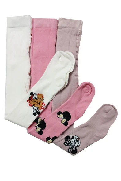 3lü Kız Bebek Çocuk Külotlu Çorap Renkli Minnie Desenli Pamuklu - 3