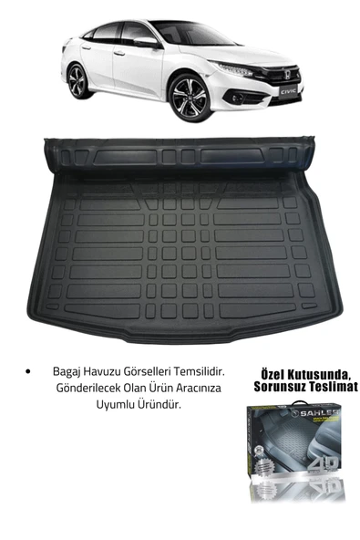 Sahler Honda Civic 2016-2021 Uyumlu 4.5d Premium Havuzlu Oto Paspas ve Liner Marka 3D Bagaj Havuzu - Civic fc5 - 2