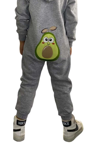 Erkek Bebek Üzerinde Avakado Yazı ve Baskılı Önü Fermuarlı Kapüşonlu Gri Tulum - Resim 4