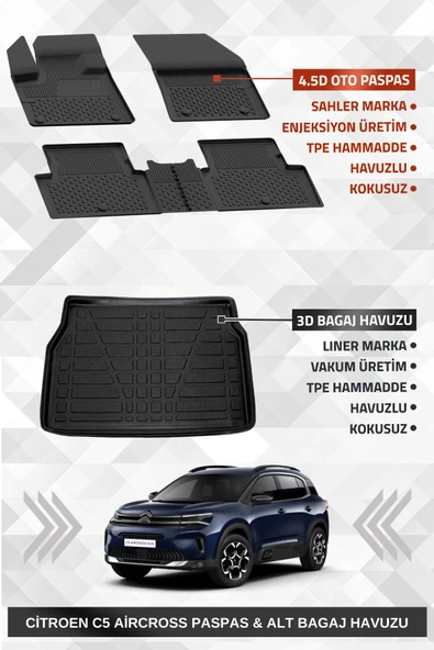 Sahler C5 Aircross 2019+ Uyumlu 4.5D Premium Havuzlu Oto Paspas Ve Liner Marka 3d ALT Bagaj Havuzu ürün görseli