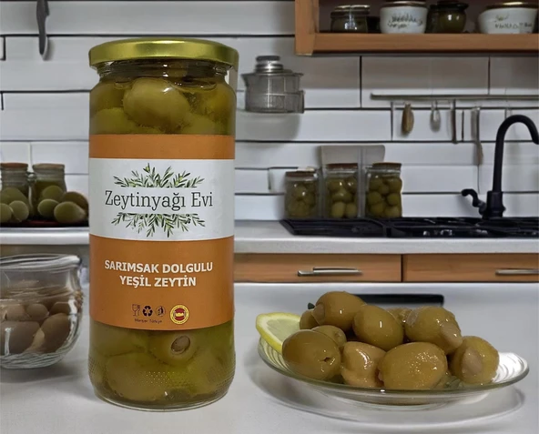 Yöresel Lezzetler Zeytinyağında Marine Edilmiş Sarımsak Dolgulu Yeşil Zeytin 450 Gram - 2