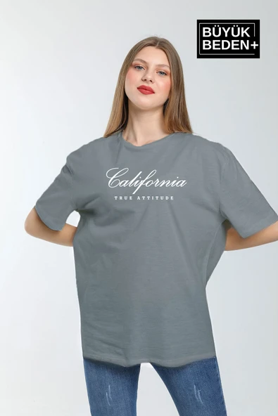 Kadın Büyük Beden El Yazılı California Baskılı Bisiklet Yaka Tshırt SPR25BTSK13 - 6