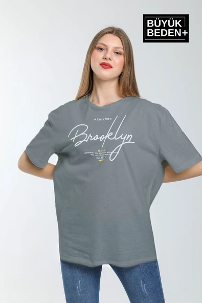 Kadın Büyük Beden El Yazılı Brooklyn Baskılı Bisiklet Yaka Tshırt SPR25BTSK12 - 6