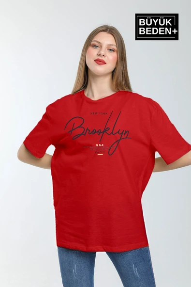 Kadın Büyük Beden El Yazılı Brooklyn Baskılı Bisiklet Yaka Tshırt SPR25BTSK12 - 10