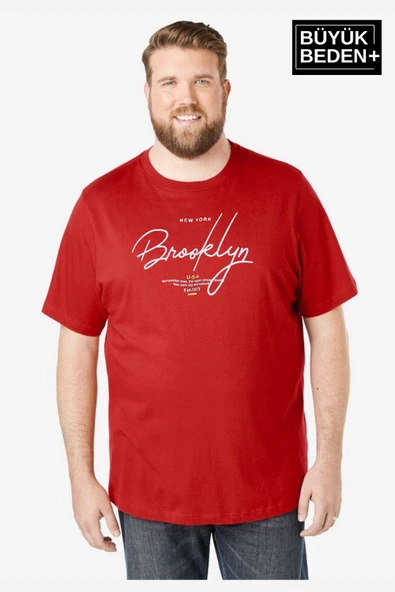 Erkek Büyük Beden El Yazılı Brooklyn Baskılı Bisiklet Yaka Tshırt SPR25BTS12