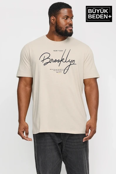 Erkek Büyük Beden El Yazılı Brooklyn Baskılı Bisiklet Yaka Tshırt SPR25BTS12 - 3