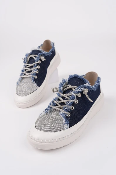 Muggo DAMSEL Bağcıklı Taşlı Kadın Günlük Denim Sneaker Spor Ayakkabı - 9