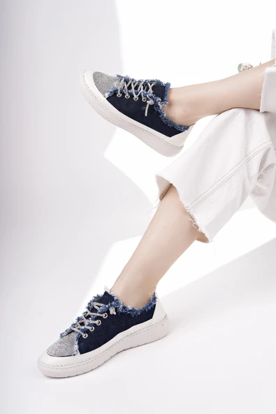 Muggo DAMSEL Bağcıklı Taşlı Kadın Günlük Denim Sneaker Spor Ayakkabı - 12