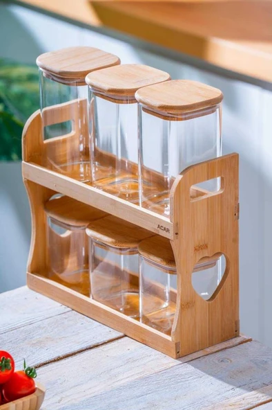 Acar Malibu Bambu Standlı 6 lı Boroslikat Cam Baharatlık Seti LND-07580